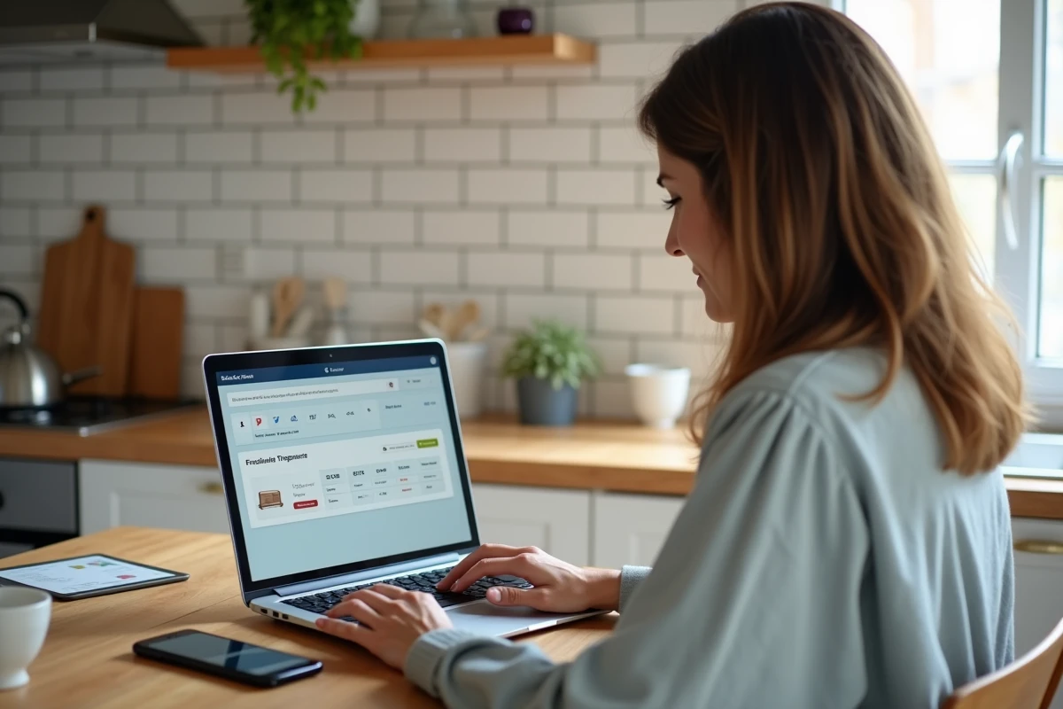 Femme consultant une plateforme de transport de meublés en ligne sur ordinateur portable avec comparaison des tarifs 2026 dans une cuisine française