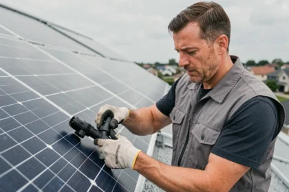 Électricien connectant des connecteurs MC4 sur des panneaux solaires en toiture résidentielle