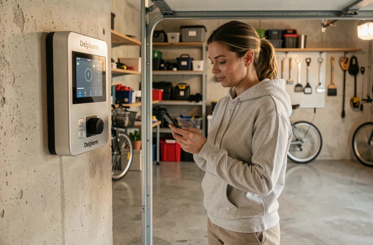 Femme utilisant une application mobile pour sécuriser et contrôler sa porte de garage Delpherm à distance