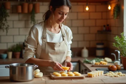 Femme versant du savon fondu dans des moules ovales en silicone pour créer des galets exfoliants faits maison