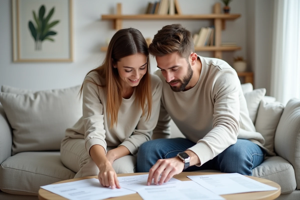 Couple consultant des devis de décoration intérieure dans un salon de style scandinave épuré