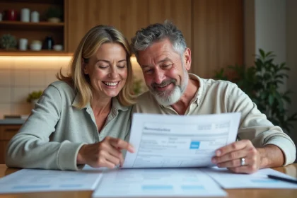 Couple belge souriant examinant devis de renovation