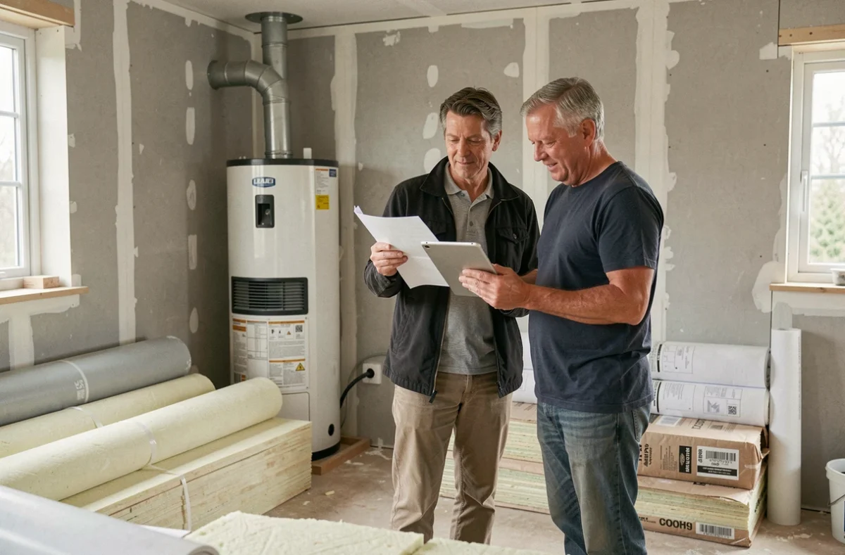 Couple de propriétaires consultant des plans de rénovation énergétique dans un salon en cours de travaux avec pompe à chaleur