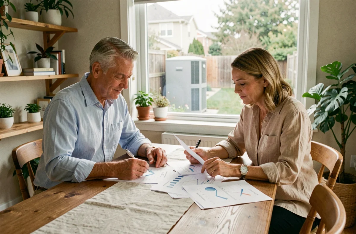 Couple étudiant des documents sur les économies d'énergie liées à une pompe à chaleur thermodynamique dans un intérieur scandinave