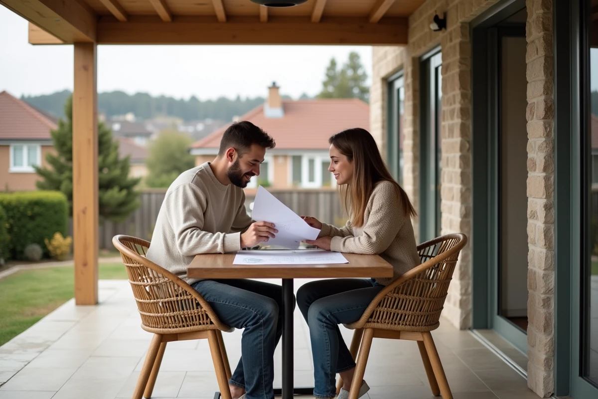 Jeune couple dans veranda en train de regarder des plans