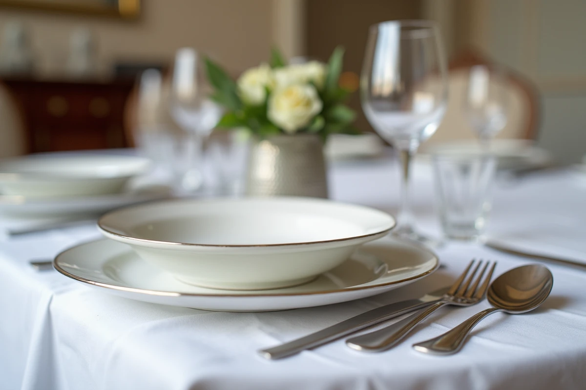 Couverts en argent avec poinçon visible retourné sur une table dressée en lin blanc dans une salle à manger française élégante