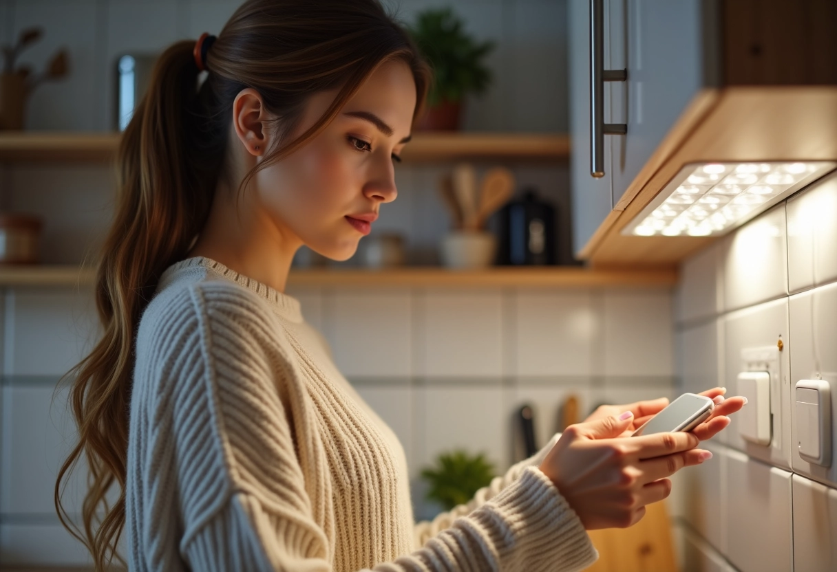 Jeune femme examinant un interrupteur LED dans la cuisine ouverte
