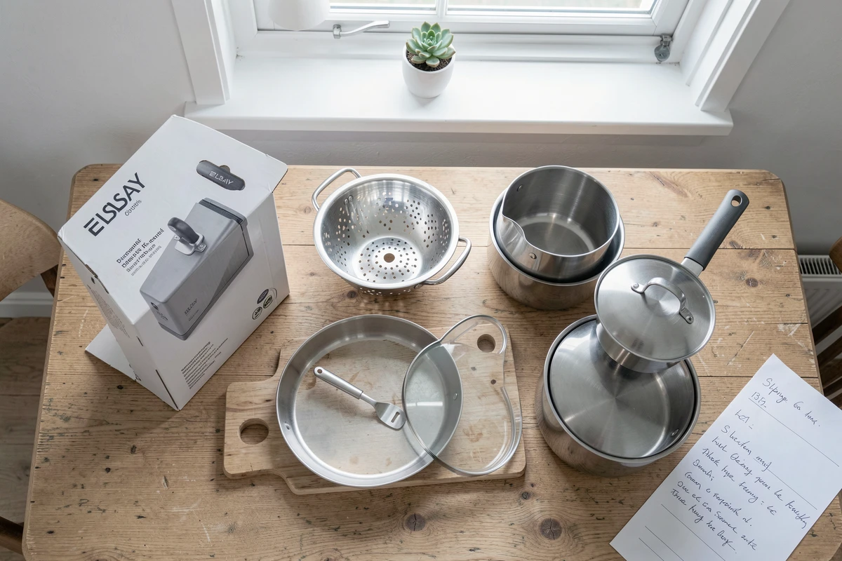 Vue de dessus d'un déballage de produits Elsay pour la cuisine incluant casseroles couteaux et planche à découper sur une table en chêne