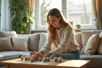 Femme arrangeant des sphères décoratives dans un salon moderne