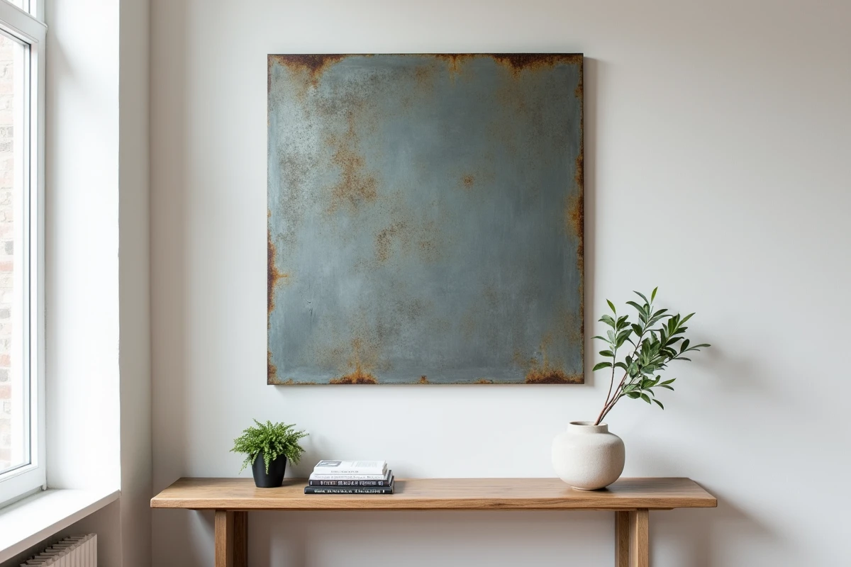 Panneau de zinc patiné façon atelier intégré dans une décoration intérieure moderne et minimaliste