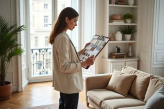 Décoratrice d'intérieur tenant un tableau d'échantillons de matières dans un salon parisien au décor minimaliste