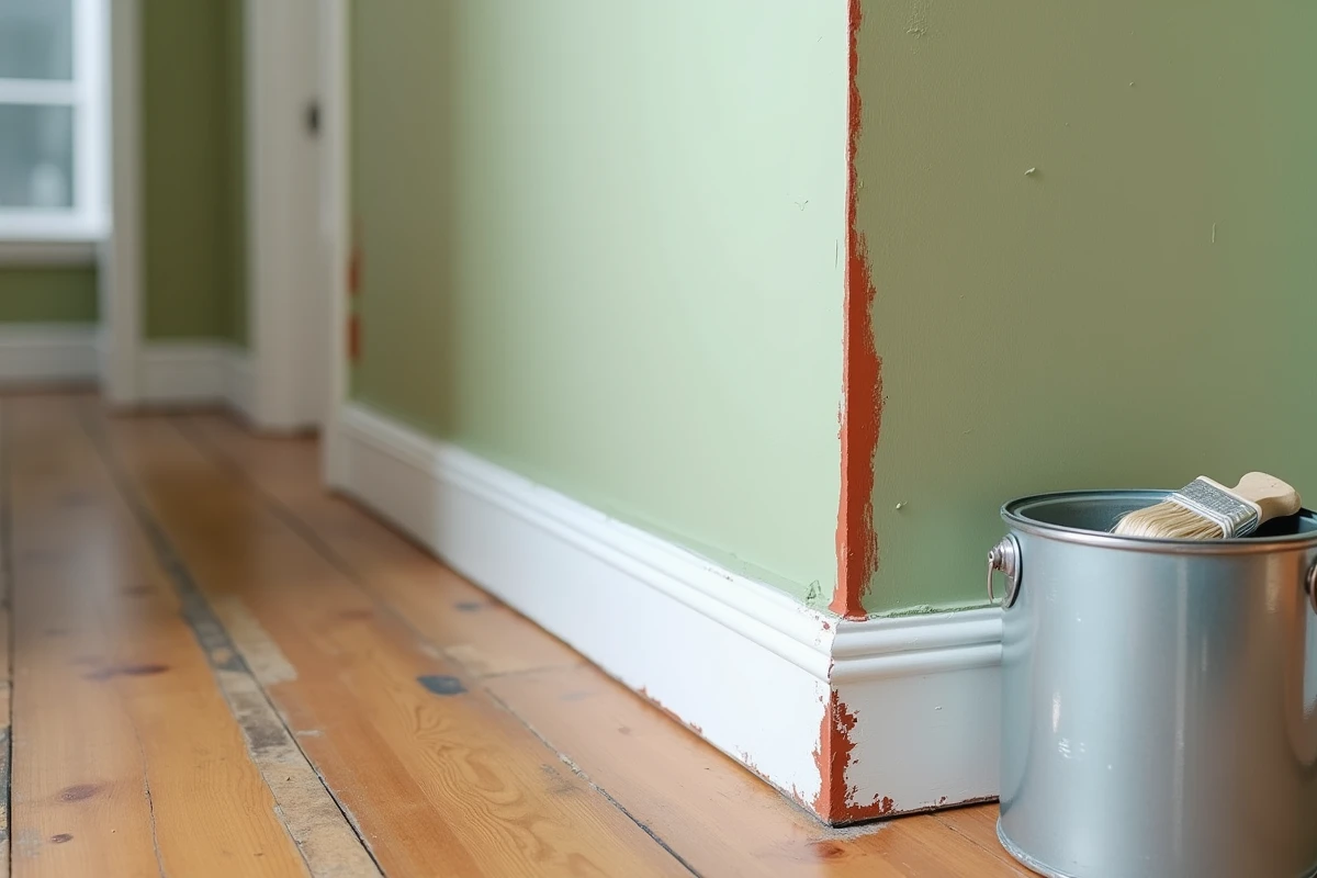 Gros plan sur des erreurs de peinture intérieure : coulures, débordements sur les boiseries et sous-couche visible