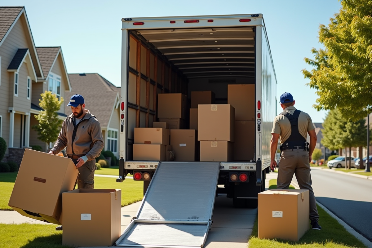 Équipe de déménageurs chargeant des meubles dans un camion ensoleille dans un quartier