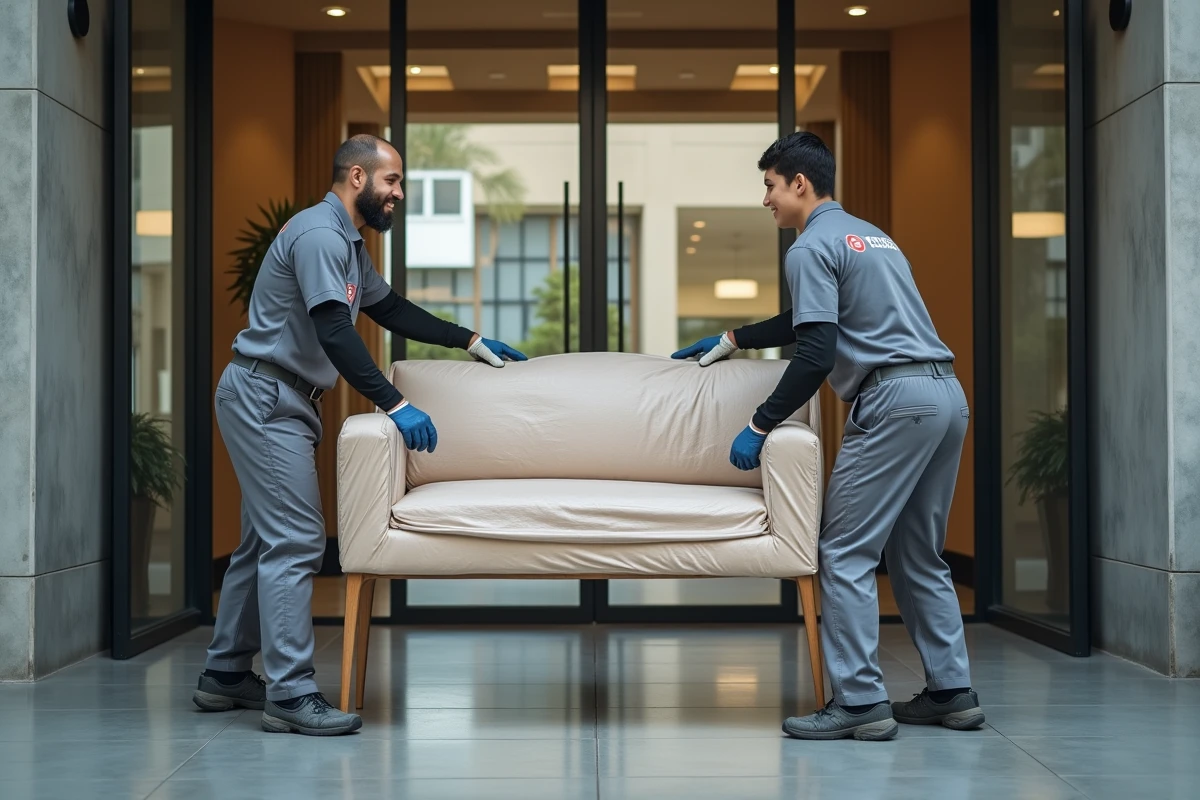 Deux déménageurs en uniforme transportant un canapé emballé dans le hall d'un immeuble moderne lors d'un déménagement de meublés