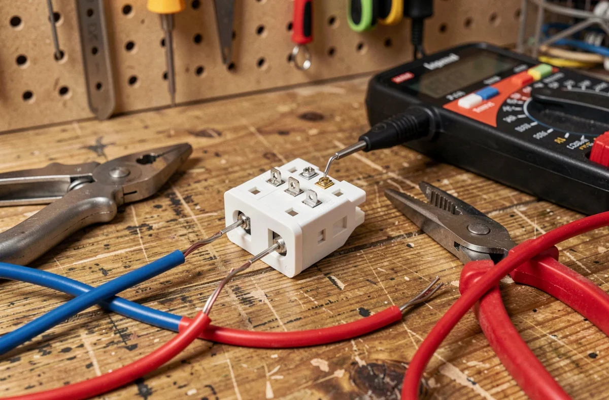 Gros plan d'un bouton poussoir Legrand démonté sur un établi avec multimètre et fils électriques pour diagnostic de panne