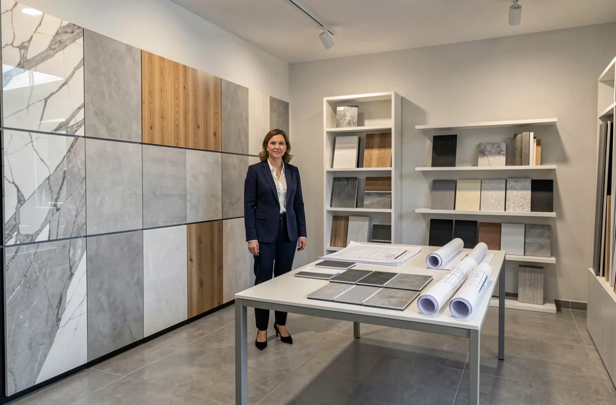 Showroom de l'entreprise Design Architecture au Bouscat, présentant des échantillons de carrelage haut de gamme