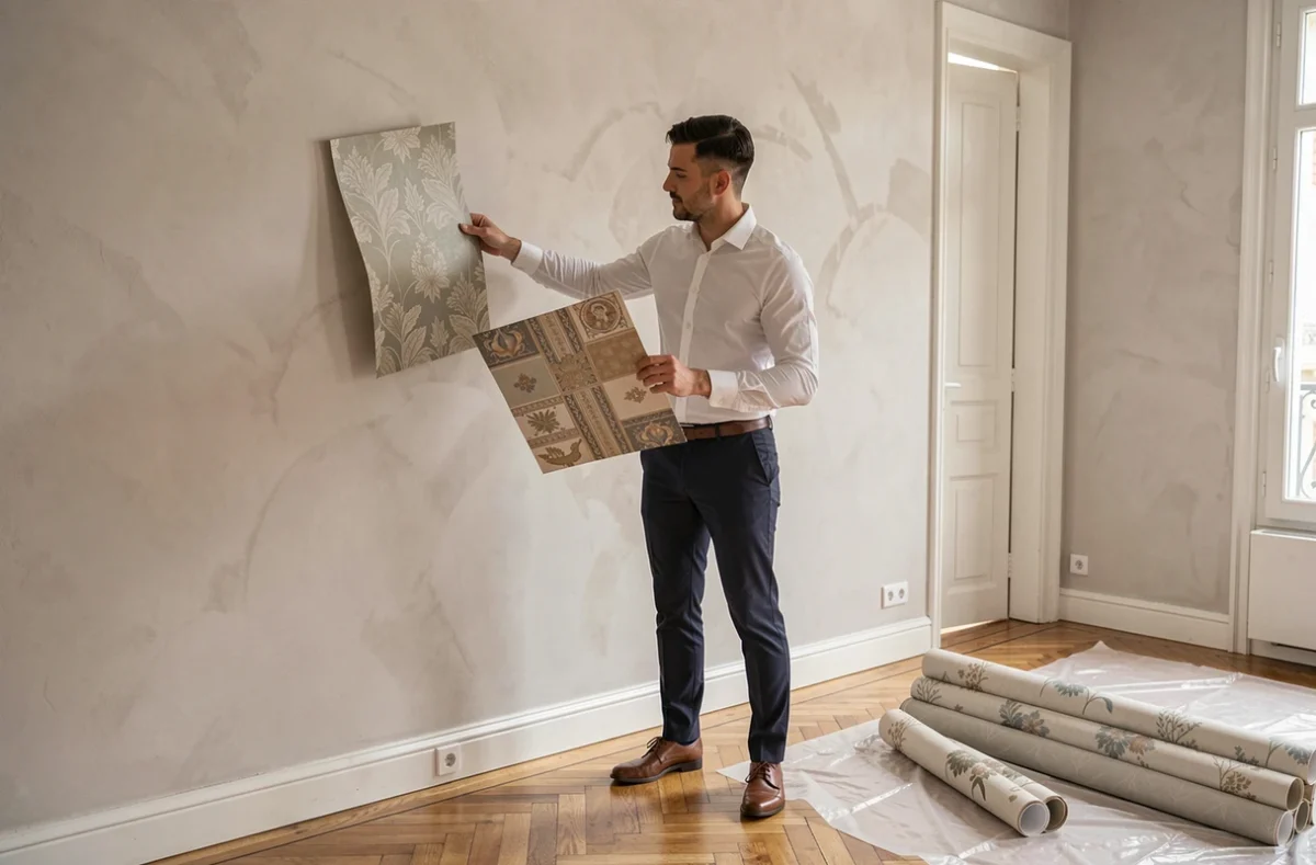 Designer intérieur comparant des échantillons de papier peint dans un appartement en rénovation à Chambéry