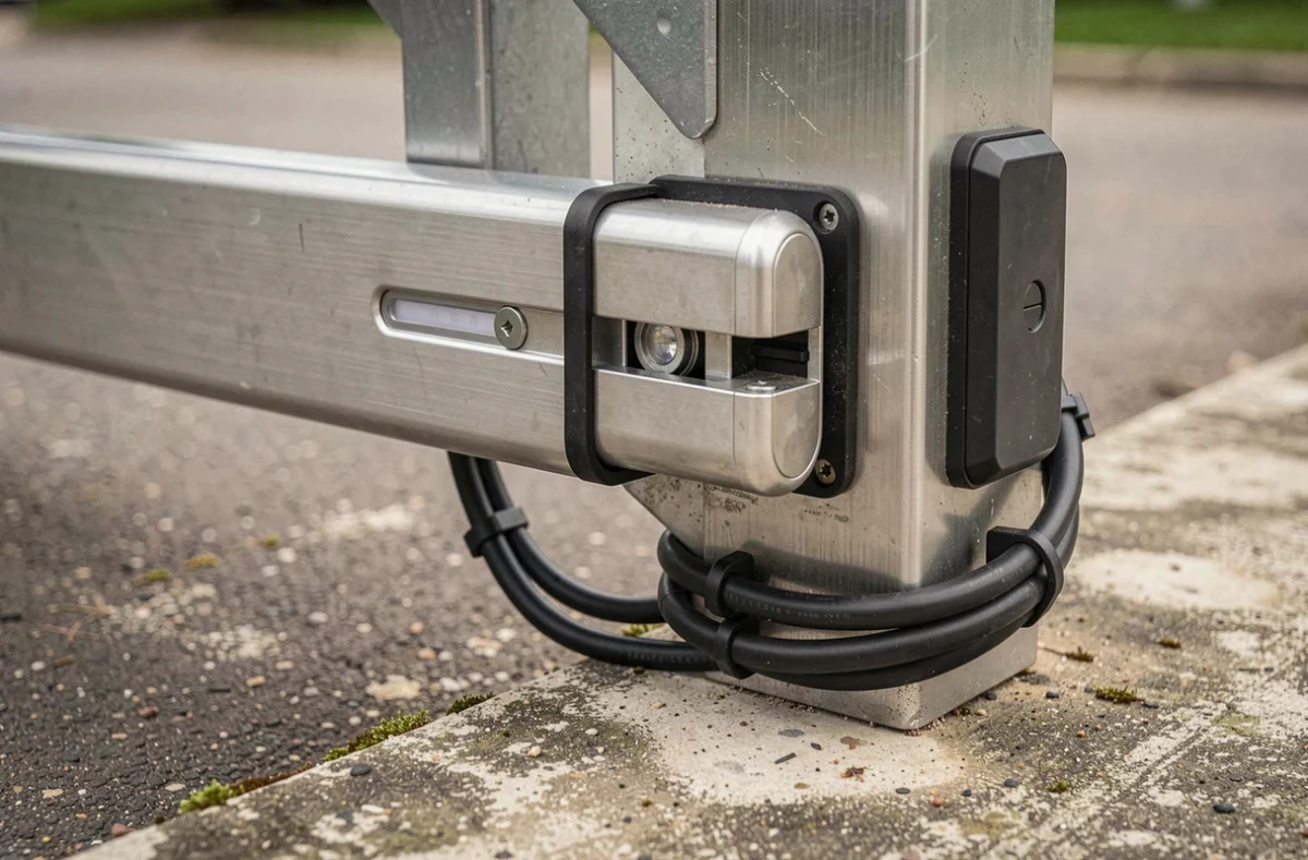 Détail du mécanisme de motorisation et du verrou automatique d'un portail coulissant avec portillon intégré, rail de sol et câblage électrique visible