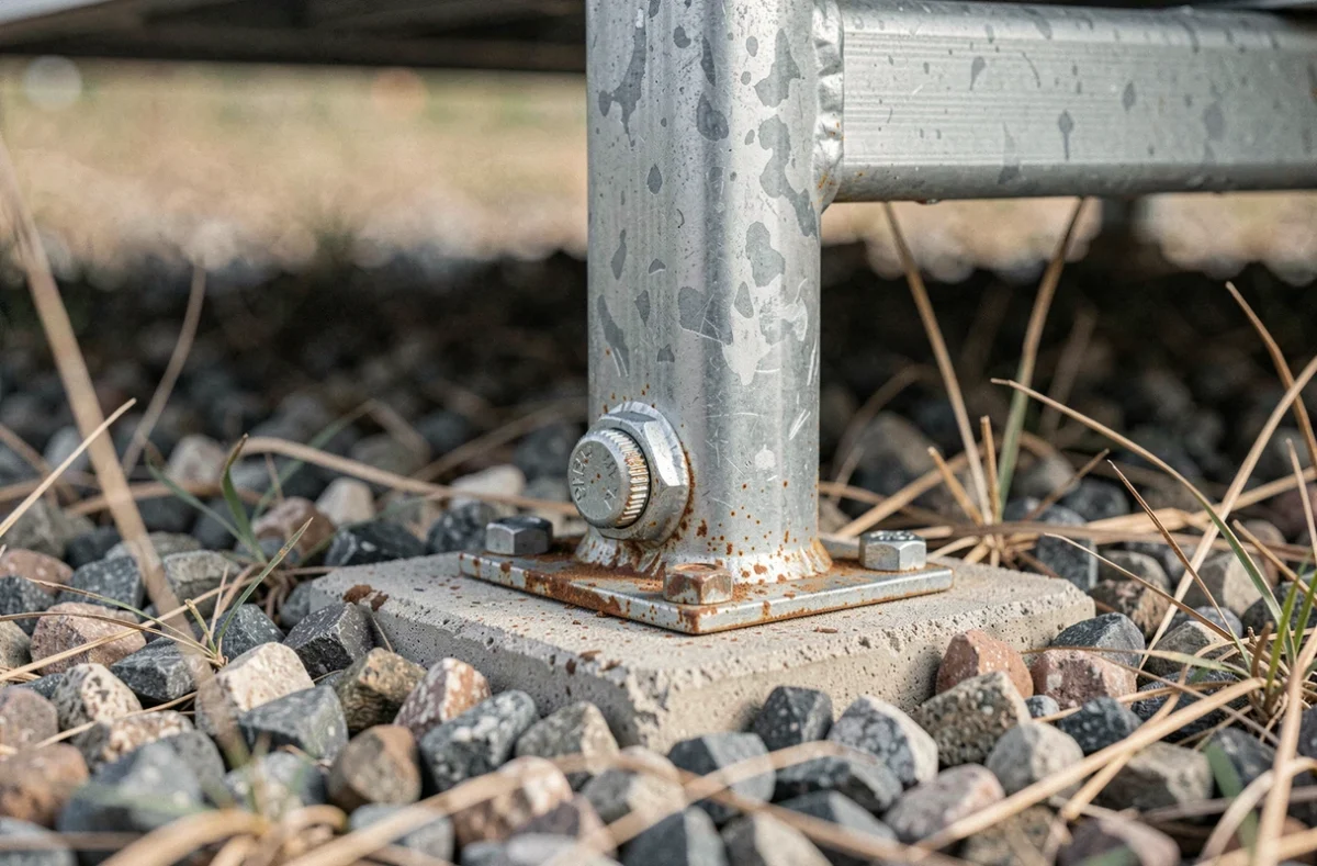 Gros plan sur un support de fixation galvanisé pour panneau solaire ancré dans un socle en béton au sol