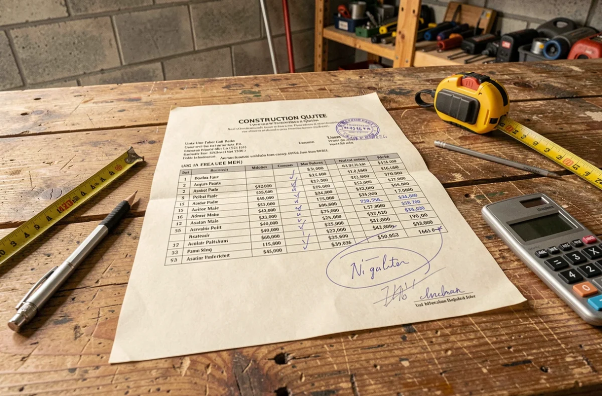 Devis de travaux d'enrobé au m2 annoté posé sur une table de chantier avec ruban à mesurer et calculatrice