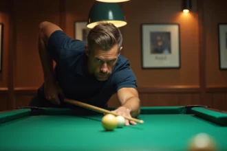 Joueur de billard américain en train de viser sur une table de taille réglementaire avec une queue de 57 pouces dans une salle de billard en bois