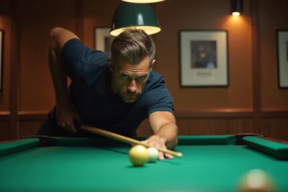 Joueur de billard américain en train de viser sur une table de taille réglementaire avec une queue de 57 pouces dans une salle de billard en bois