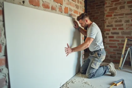 Ouvrier posant un doublage placo sur un mur irrégulier en brique lors d'une rénovation intérieure
