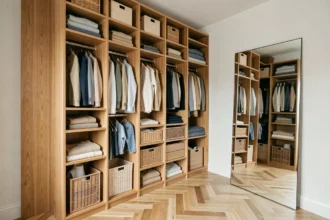 Dressing sur mesure en bois chêne avec rangements organisés, vêtements pliés et miroir dans une pièce moderne