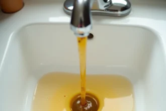 Eau du robinet jaune coulant dans un évier blanc le matin, montrant une eau légèrement trouble et ambrée