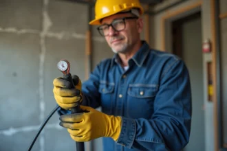 Électricien lisant un câble électrique dans une pièce en rénovation
