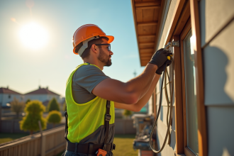 Ouvrier en sécurité connectant cables électriques maison