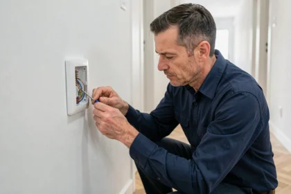 Électricien inspectant le câblage d'un bouton poussoir Legrand encastré dans un mur blanc d'appartement moderne