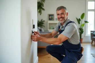 Électricien souriant installant une prise électrique dans un salon lumineux