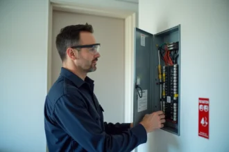 Technicien électricien inspectant un panneau électrique GTL