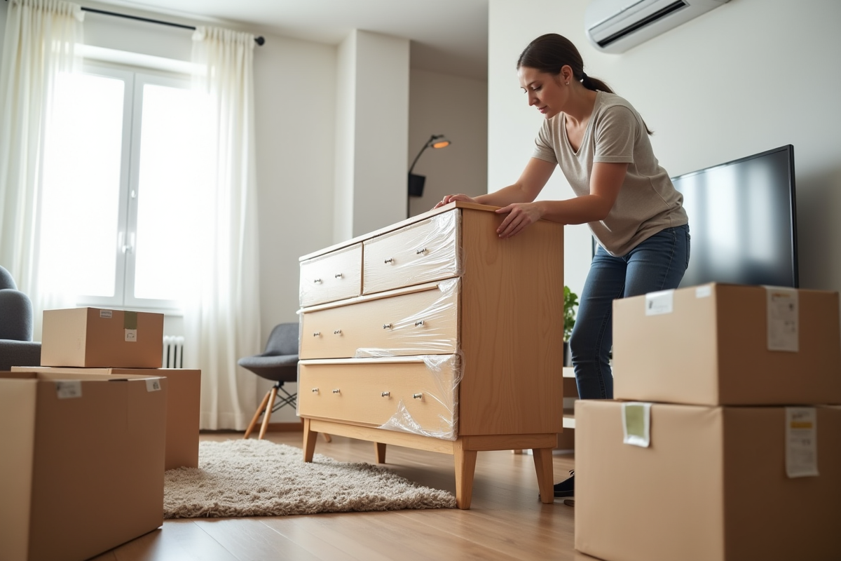 Personne emballant un meuble en bois avec des couvertures de déménagement