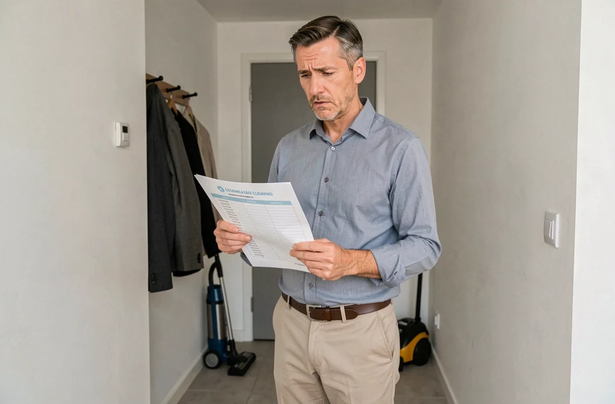 Homme en tenue décontractée tenant un planning de ménage dans un couloir d'appartement, perplexe face à l'absence de son aide ménagère
