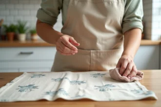 Femme entretenant un tissu coton enduit avec un chiffon humide sur une table en bois dans une cuisine rustique