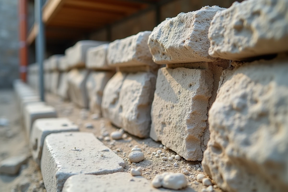Détail d'un mur en moellon montrant un joint de chaux mal exécuté avec des fissures et des lacunes comparé à un joint correctement réalisé
