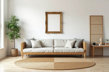 Salon japonisant avec tapis mal positionné et erreurs de décoration qui brisent l'effet zen