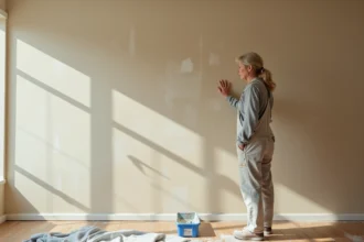 Femme examinant des traces de rouleau et une peinture inégale sur un mur intérieur lors d'une rénovation