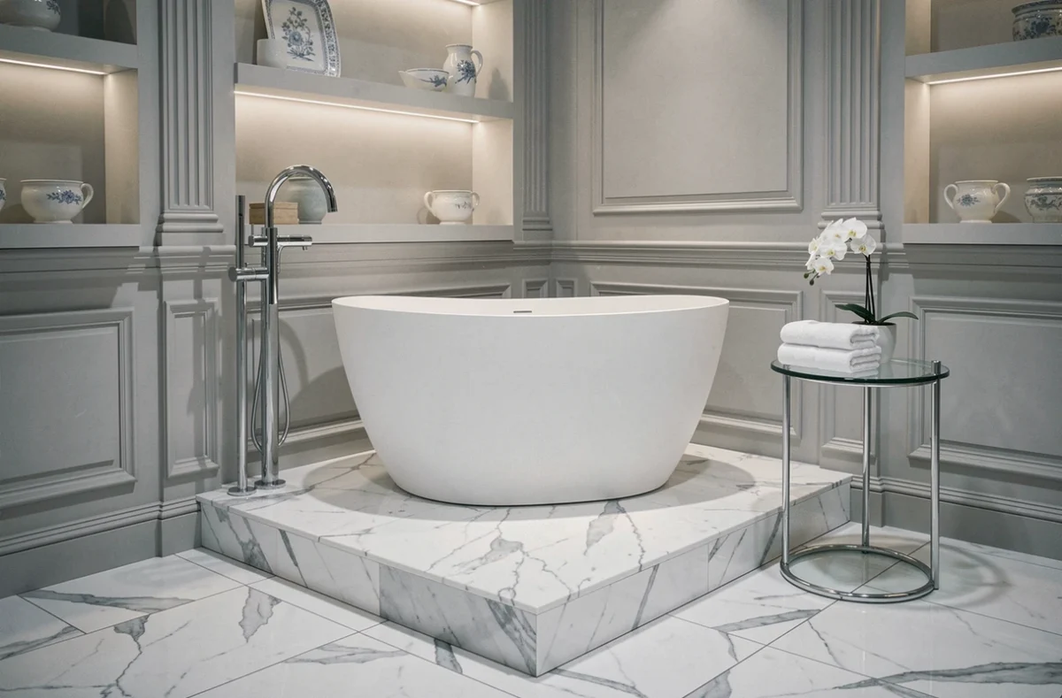 Baignoire îlot ovale en résine mate exposée dans le showroom Espace Aubade, entourée d'accessoires de salle de bain haut de gamme