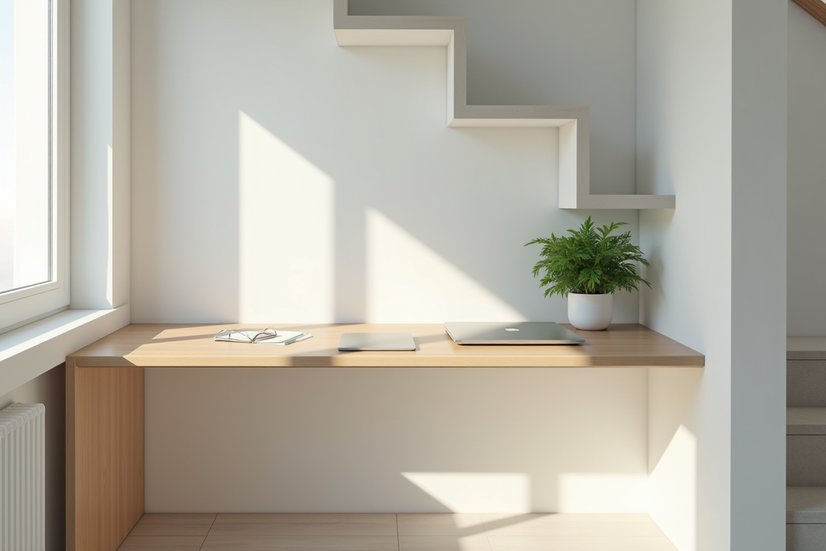 Espace de travail sous un escalier blanc avec ordinateur