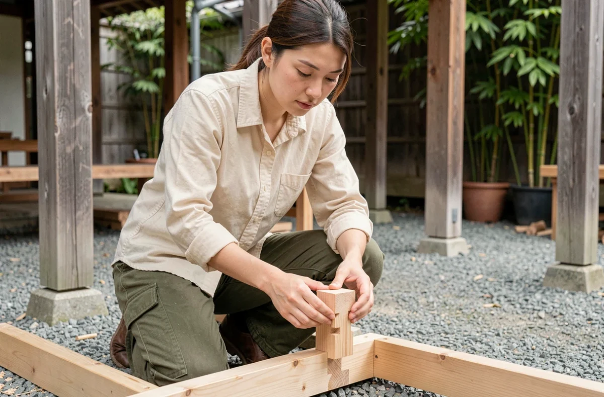 Étudiante en menuiserie ajustant un tenon mortaise japonais ari-kake dans une école d'artisanat en plein air