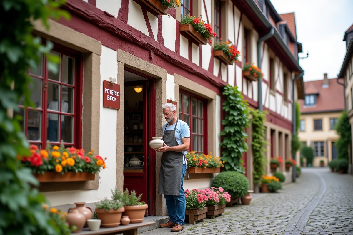 Façade à colombages de la Poterie Beck à Soufflenheim avec artisan devant l'atelier et décoration alsacienne
