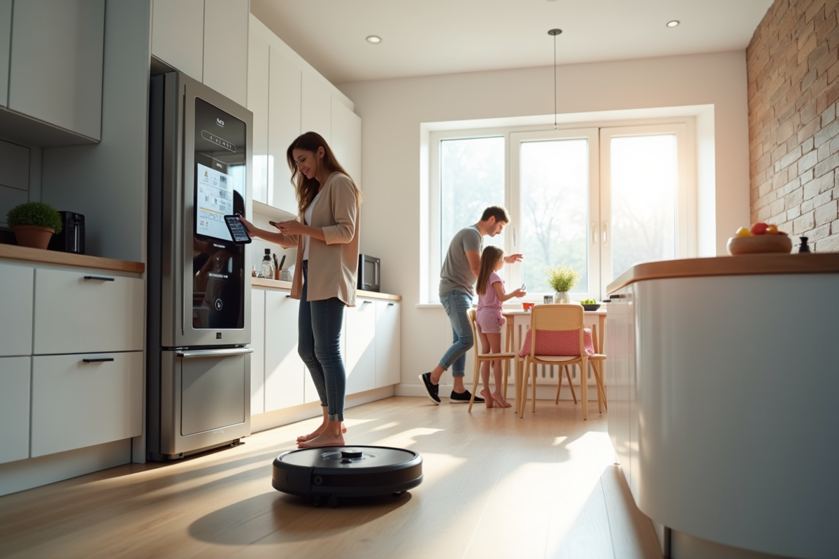 Famille dans cuisine avec appareils connectes