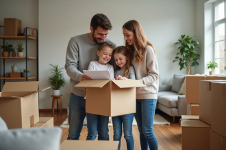 Famille souriante dans un salon avec cartons de déménagement