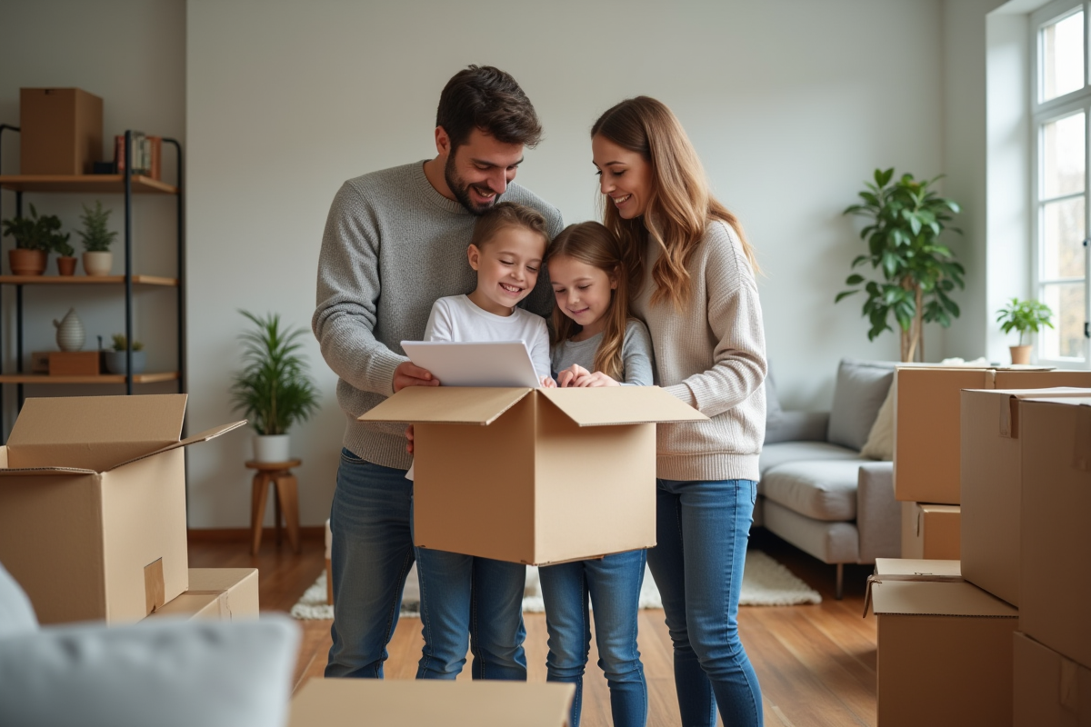 Famille souriante dans un salon avec cartons de déménagement