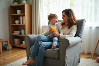 Mère et enfant en bas âge sur un fauteuil recouvert d'une housse extensible grise dans un salon familial décoré simplement