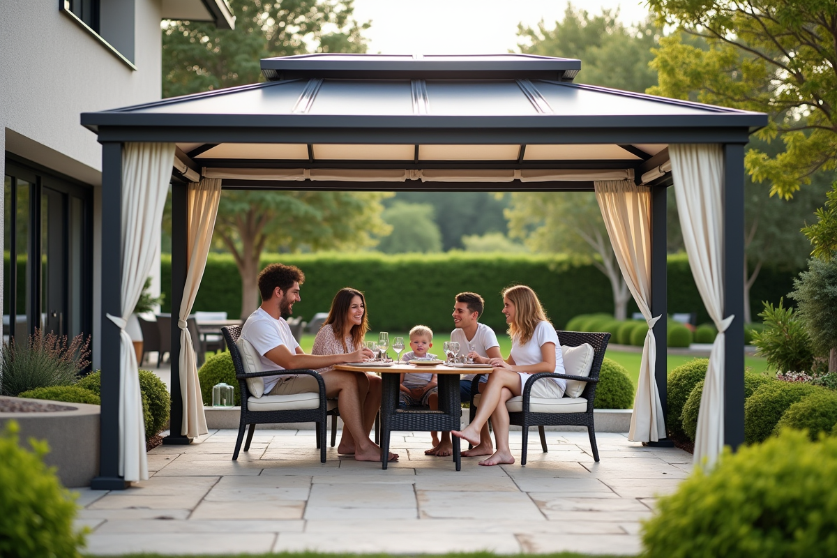 Famille détendue dans un gazebo avec mobilier extérieur