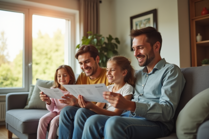 Famille souriante dans un salon moderne vérifiant leur facture d énergie